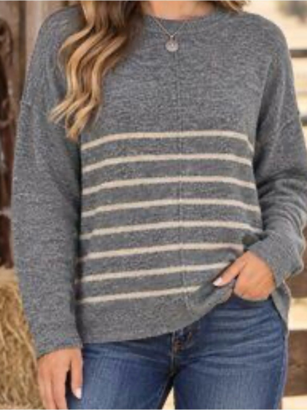 NWOT Zenana Melange soft knit Gray Striped Knit Sweater - Women's Pullover